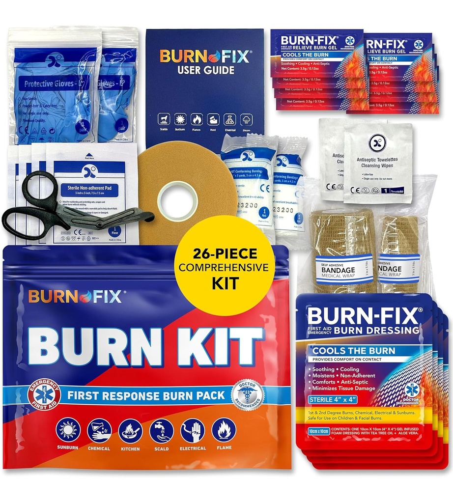 BurnFix® Burn Kit First Aid for Burn Emergency - 냉각 젤, 드레싱 및 장갑이있는 26 조각 화상 처리 - 주방, Sunburn, 화학 및 확장 된 구호 - 홈, 사무실, 여행