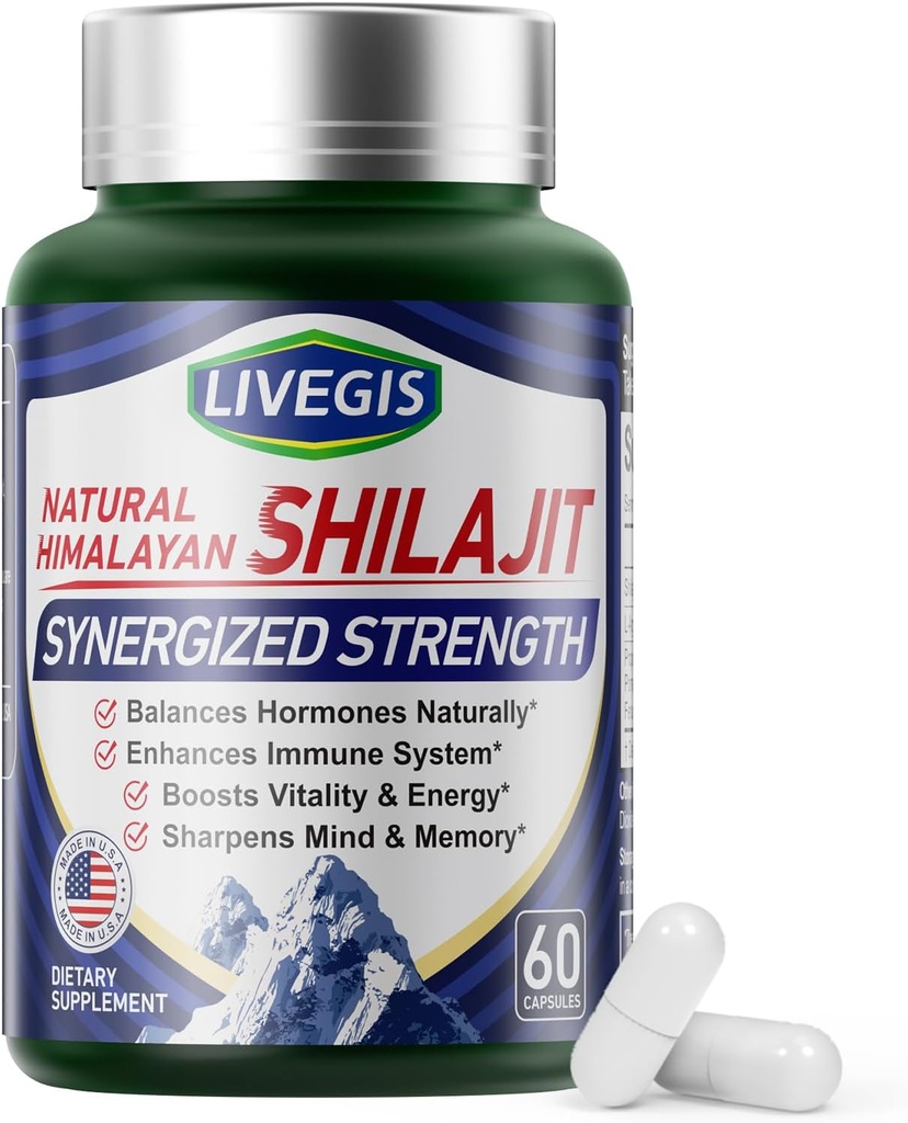 Himalayan Shilajit 캡슐 균형 호르몬, 부스트 Immunity, 향상된 Vitality & Memory, 다양한 재료, 비 GMO 자연 & 유기와 높은 Potency 보충 - 60 개