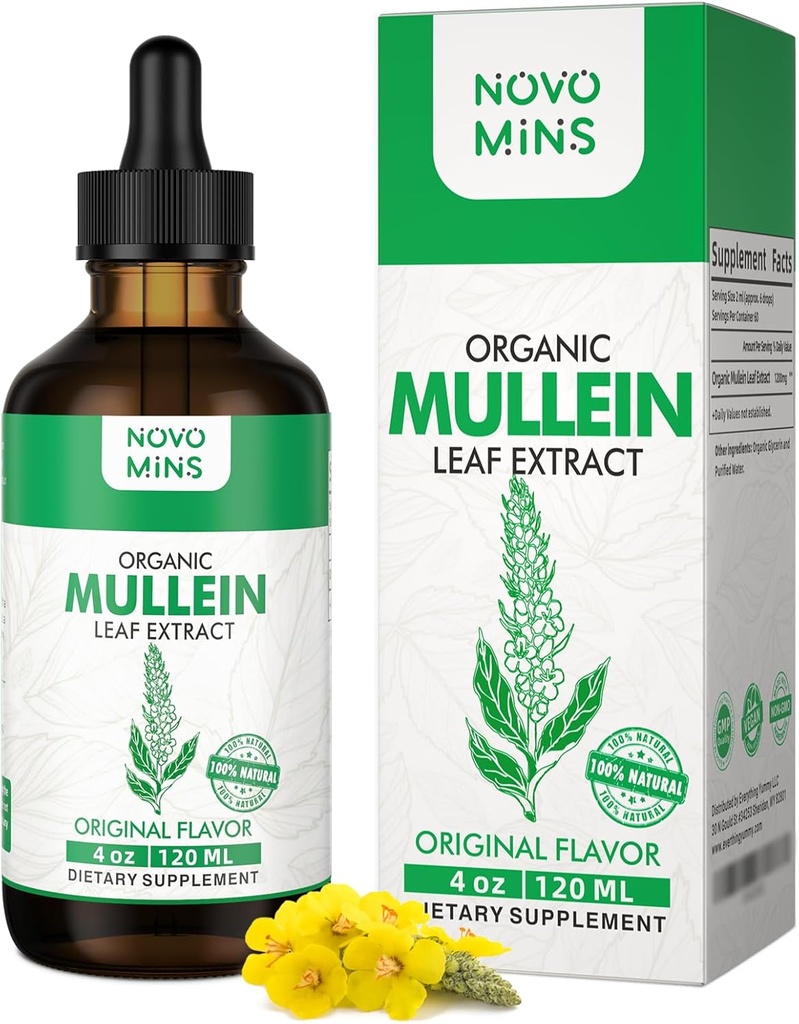 Mullein Leaf Tincture - Lung Cleanse - Vegan Lung Detox - 호흡 건강 및 면역 지원 드롭 - 자연 보충교재 액체 추출물 4 fl.oz. 엽록소