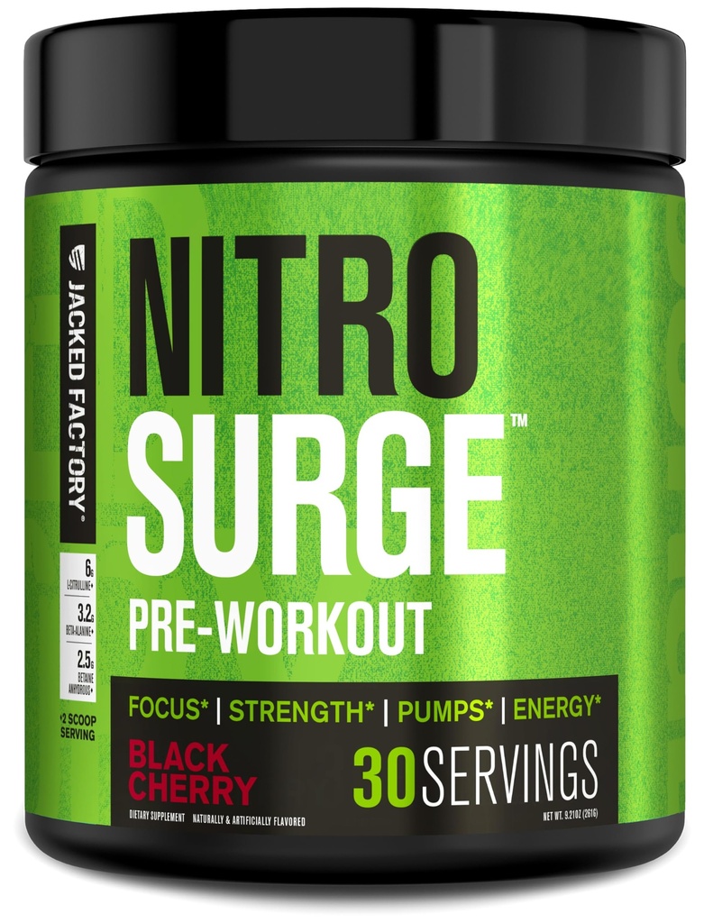 Jacked Factory NITROSURGE Pre Workout Supplement - Endless Energy, Instant Strength Gains, Clear Focus 및 Intense Pump - NO 부스터 및 강력한 Preworkout Energy Powder - 30 서빙, 블랙 체리