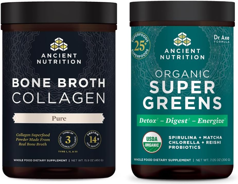 고대 영양 뼈 Broth 교원질 분말, 순수한, 30의 서빙 + 유기 Supergreens 분말, 녹색 풍미, 25의 서빙