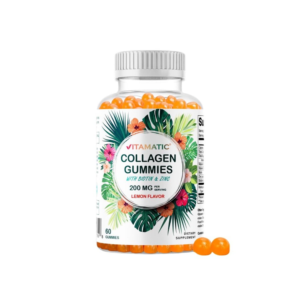 Vitamatic Hydrolyzed Collagen Gummies 비타민 C, 아연 및 Biotin, 200 mg - 건강한 피부 지원 - 60 Gummies
