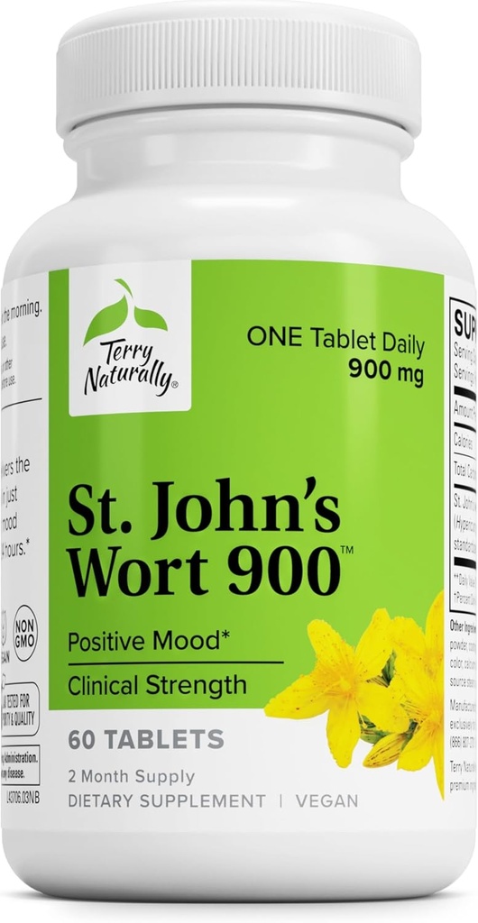 Terry Naturally St John 's Wort 900-60 정제 - 전체 임상 복용량 제공 - Non-GMO, Vegan, 글루텐 무료 - 60 서빙