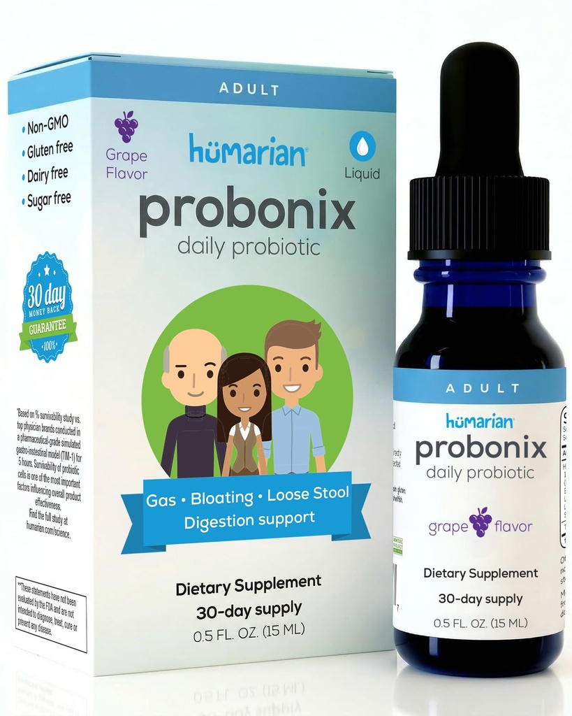 성인을위한 Probonix Humarian 액체 프로바이오틱스 - 12-Strain Probiotic Drops to Fortify Gut Health, Immunity and More - 30 일 공급 - 맛있는 포도 풍미