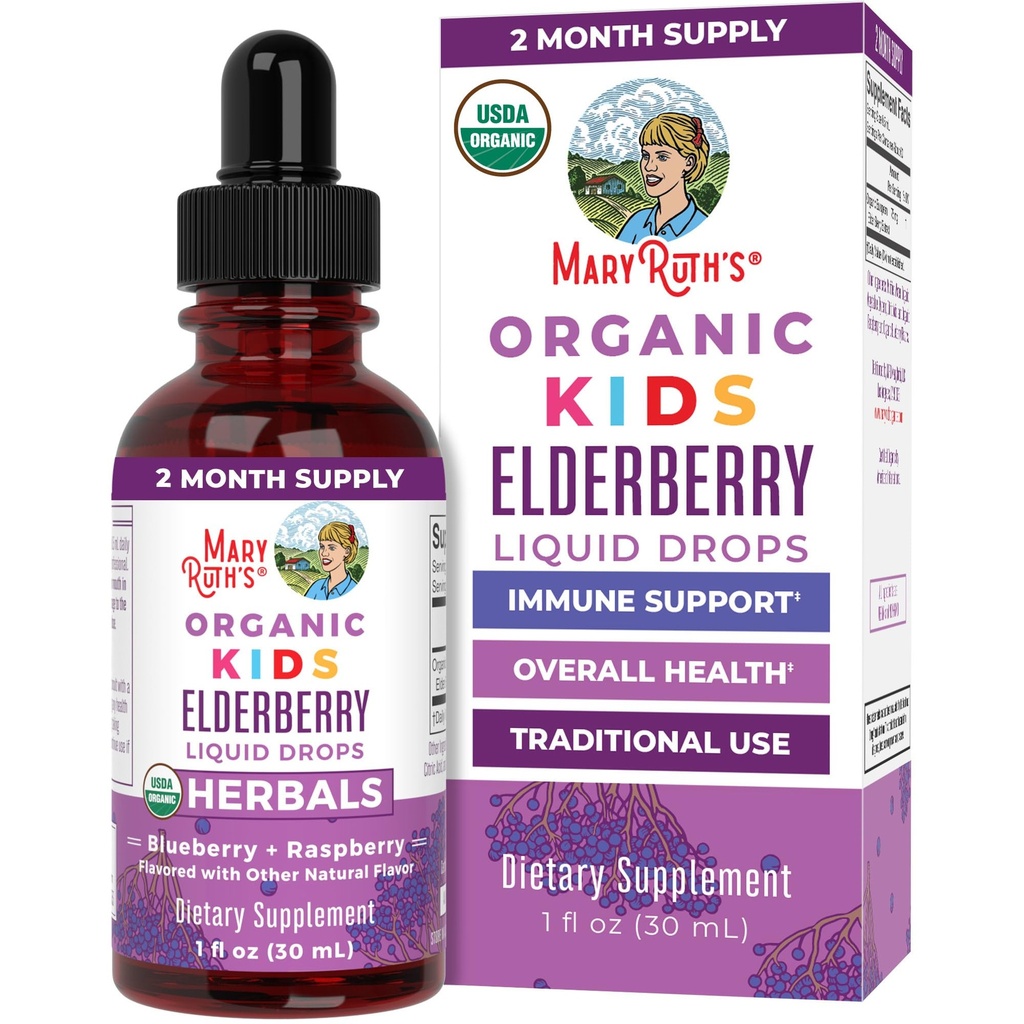 MaryRuth Organics USDA Organic Elderberry Liquid Drops for Kids | Vegan Elderberry Extract 유기농 글리세린 | 면역 지원 보충교재 | 전반적인 건강 | 나이 4-13에 공식화 | 1oz