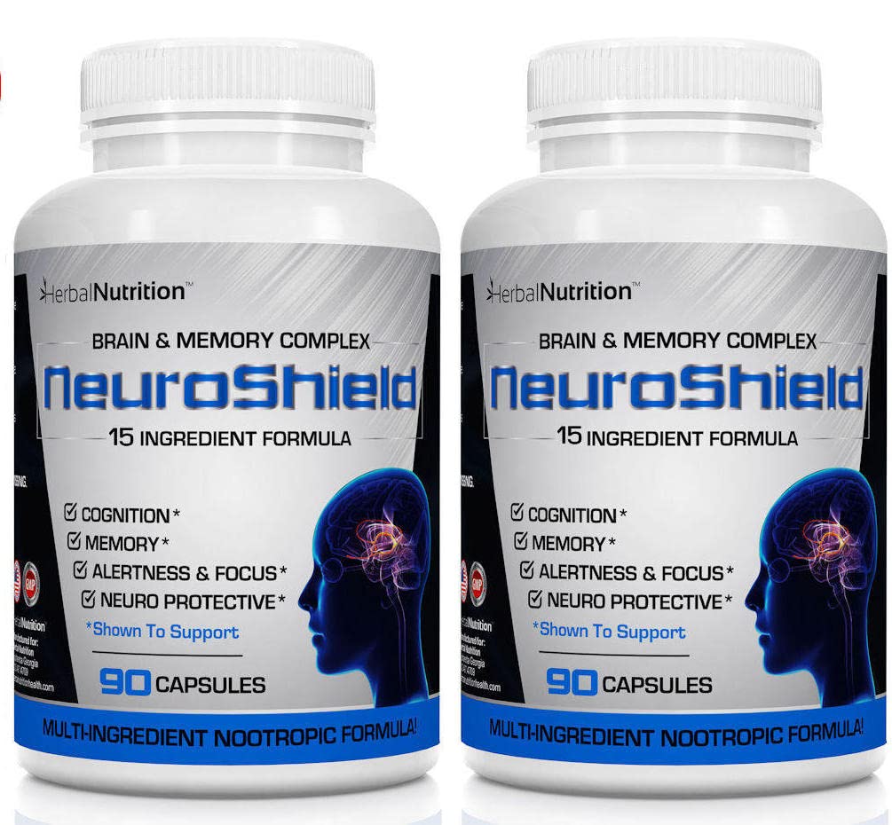 NeuroShield, 두뇌 보충 Nootropic 뇌 부스터 및 메모리 보충, Huperzine A, Ginko Biloba, Bacopa Plus 뇌 건강, 멀티 - Ingredients, 2 병, 180 캡슐에 대한 산화 방지제