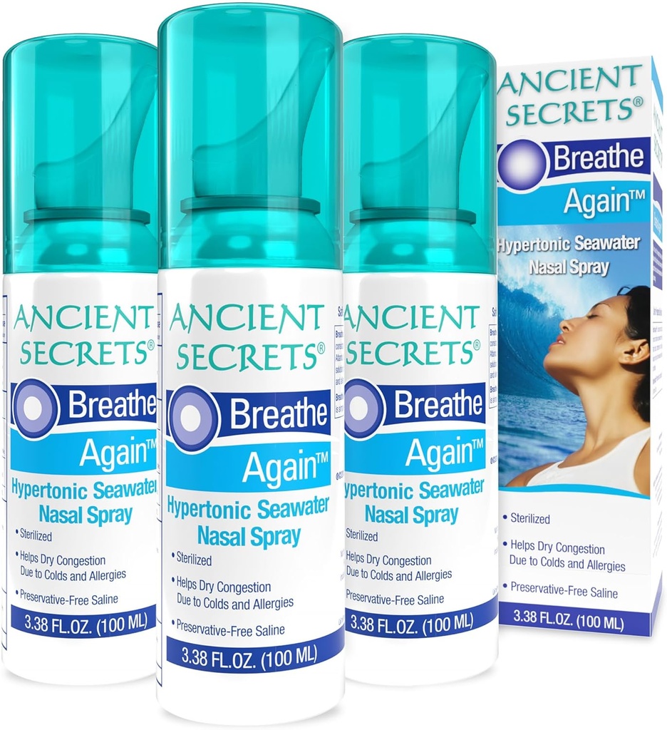 ANCIENT SECRETS Saline Nasal 스프레이 - Hypertonic Seawater Nasal 스프레이, 알레르기 및 Sinus Relief, Nasal Congestion Moisturizer, 3.38 Fl Oz (포장 3)에 대한 호흡