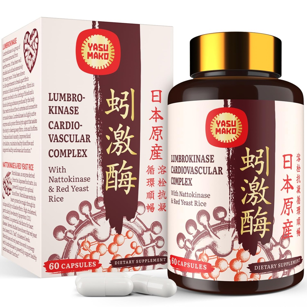 Lumbrokinase 100mg (최대 활동 1,000,000 LKU), 활동의 Nattokinase 100mg-2,000 FU와 빨간 효모 밥 300mg의 포텐트 Lumbrokinase 효소는 순환, 응집, 60의 캡슐 (1의 포장)를 위해 보충합니다