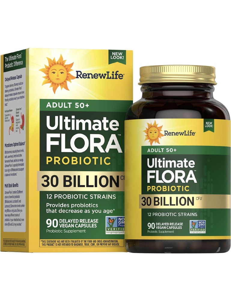 Renew Life Probiotic 성인 50 Plus Probiotic 캡슐, 매일 보충 지원 Urinary, 소화 및 면역 건강, L. Rhamnosus GG, Dairy, Soy 및 gluten-free, 30 억 CFU, 90 조사