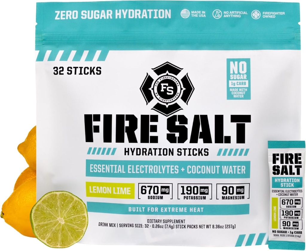Fire Science Fire Salt Hydration Sticks, Electrolytes & Coconut Water, 마그네슘, 칼륨 및 나트륨, Zero Sugar, Single Serve On The Go Packs, 레몬 라임 풍미, 32 카운트