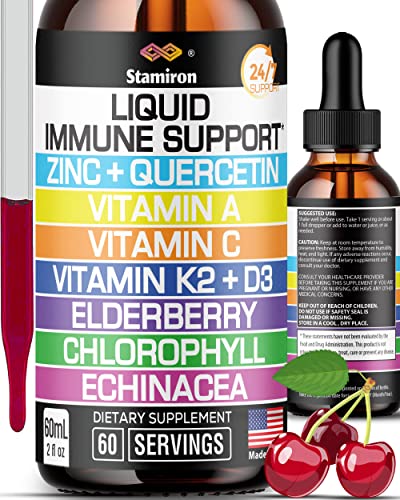 비타민 A K2 Echinacea Chlorophyll와 Elderberry를 가진 아연 Quercetin 비타민 C D3 액체 면역성이 있는 지원 - 면역력을 위한 9in1 면역 방어적인 하락 복잡한 - 60의 서빙