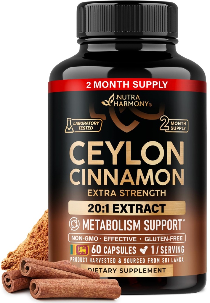 Ceylon Cinnamon 캡슐 - 여분의 강도 - 에너지 심장 & 남성을위한 대사 지원 - 순수한 자연 Cinnamon 20 : 1 추출물 보충 - GMO & 글루텐 무료 - 미국 - 60 캡슐 2 개월