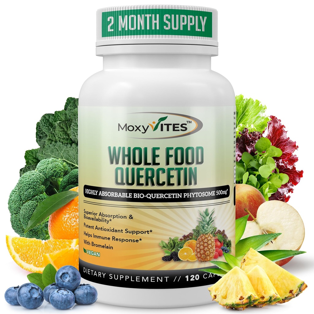 Bromelain 500mg 보충교재를 가진 MoxyVites Quercetin - 생물 활성 Phytosome Complex, 순수한 유기 전체적인 음식 Seasonal 지원, 산화 방지제, 20X 흡수 & 생물 분해성-120 모자