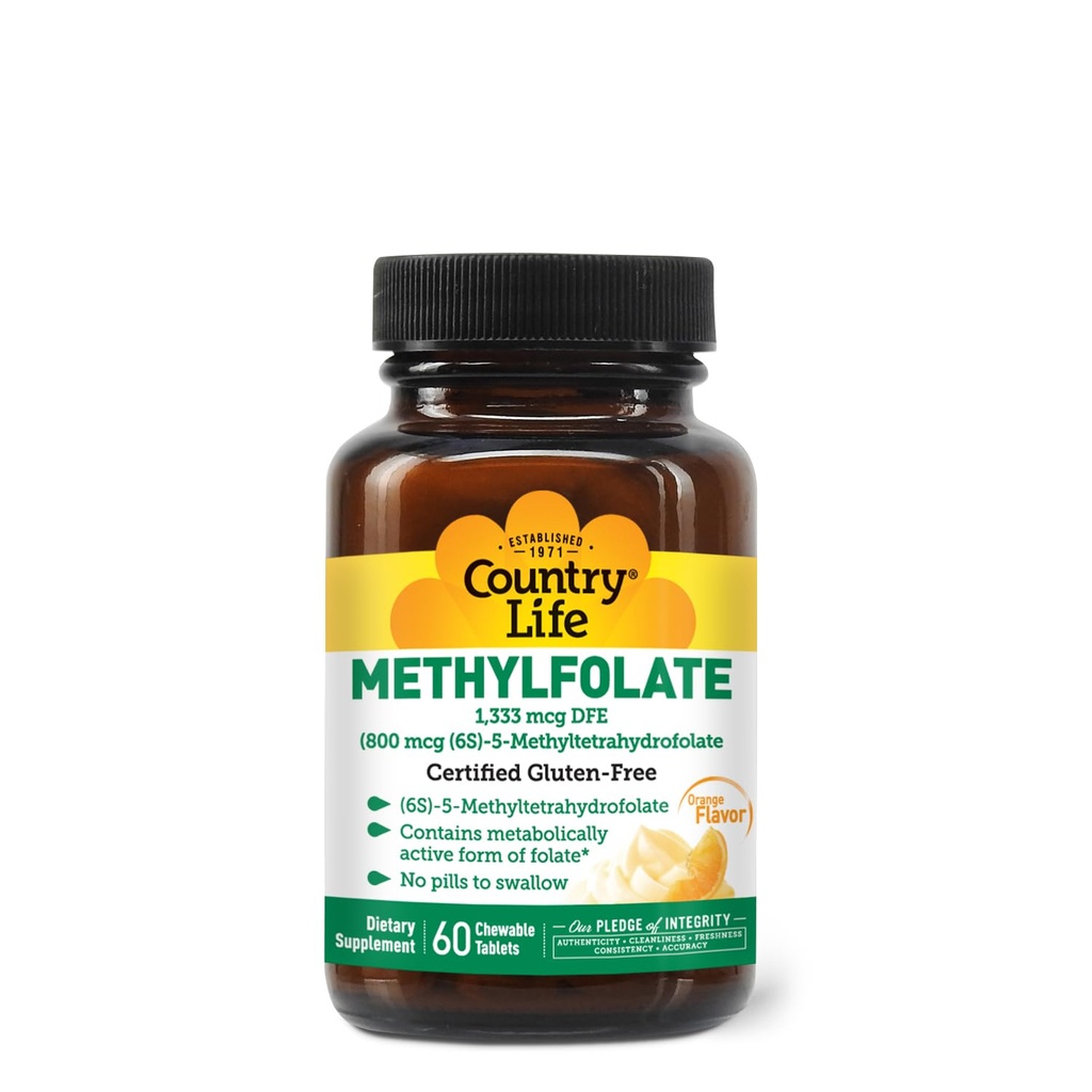 Country Life Methylfolate Chewable Tablets - 신진 대사 활성 Folate - 훌륭한 타스팅 오렌지 맛 - 글루텐 - 무료 - 부드러운 용해 - Vegan B12 - 여성 비타민 - 매일 보충 - 60 정제
