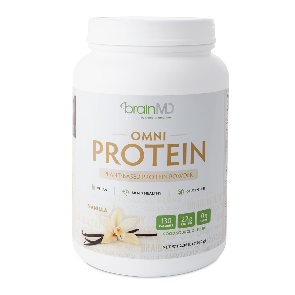 BRAINMD 박사 Amen Omni Protein Vanilla - 2.38 파운드 - 식물 기반 단백질 분말 - 에너지 및 운동 회복 촉진 - 채식주의, 설탕 무료, 글루텐 무료 - 30 서빙