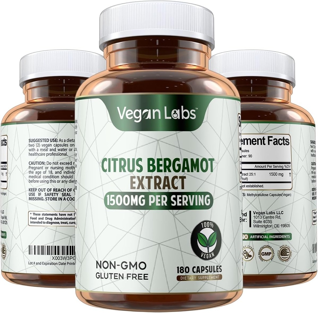 Vegan Labs Citrus Bergamot 추출물 1500MG- 180 Vegan 캡슐 25:1 Citrus Bergamia 추출물 지원 전반적인 건강 및 산화 방지제 보호 글루텐 자유로운, 비 GMO