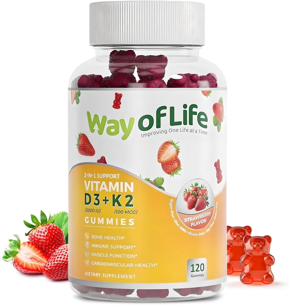 비타민 D3 5000 IU (125 mcg) + K2 (MK-7) 100 mcg Sugar-Free Gummies, Strawberry - 성인, 근육 Funtion, Pectin, Tasty, Chewy, Non-GMO, 글루텐 자유로운, 젤라틴 자유로운