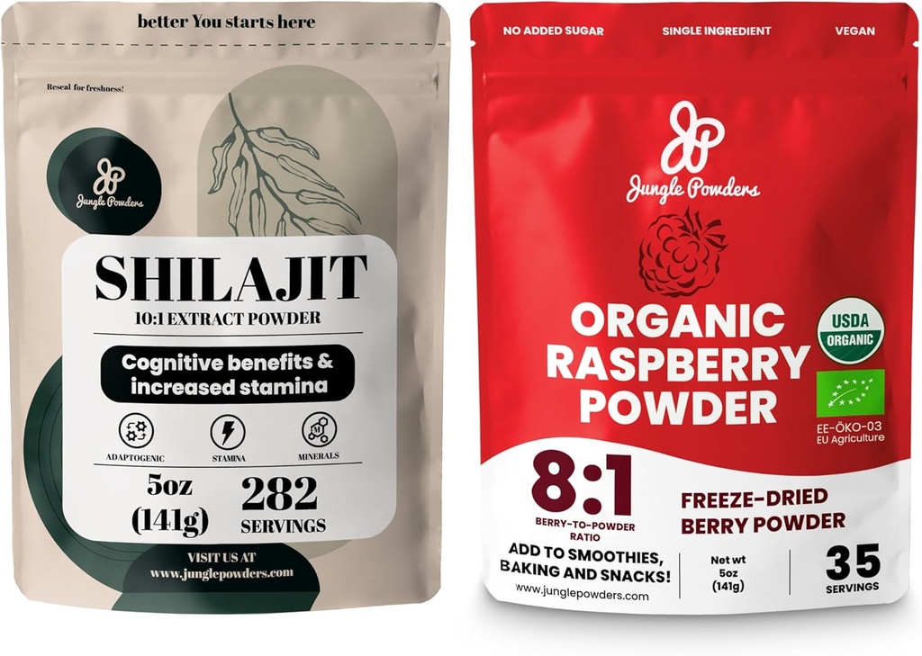 정글 분말 Superfood 번들: 5oz 익지않는 Shilajit & 5oz 유기 라즈베리 분말 결합 - 남자의 에너지 지원, 면역 부스트, USDA는 베이킹, 스무디를 위한 냉동 건조된 빨간 Raspberry를 증명했습니다