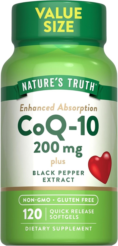 Nature's Truth CoQ10 200mg | 120 Softgels | 높은 흡수 | Non-GMO & Gluten Free Coenzyme Supplement | 흑퍼 추출물