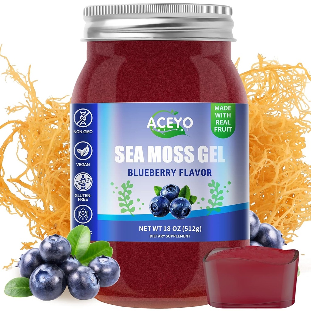 ACEYO (18 OZ) 아일랜드어 Sea Moss Gel Organic Raw Vegan Blueberry 맛 102 비타민과 미네랄 야생 수확 비 GMO 면역 방어 부스터 Thyroid 소화 지원