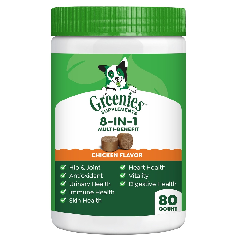 Greenies 개는 8-in-1 Multi-Benefit 닭 맛, 15.5 oz를 보충합니다. 콘테이너, 80 조사