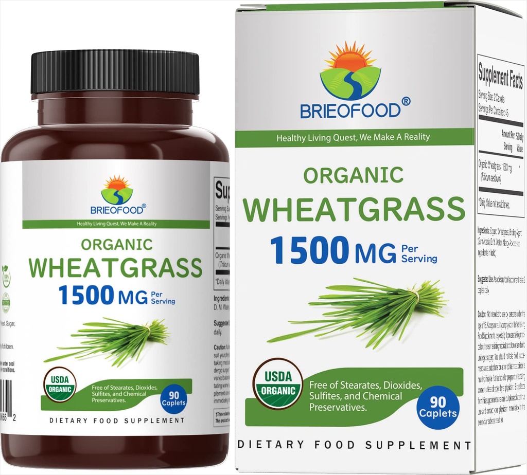 Brieofood 유기 Wheatgrass 1500mg, 45 서빙, 채식, 글루텐 무료, 90 채식 정제