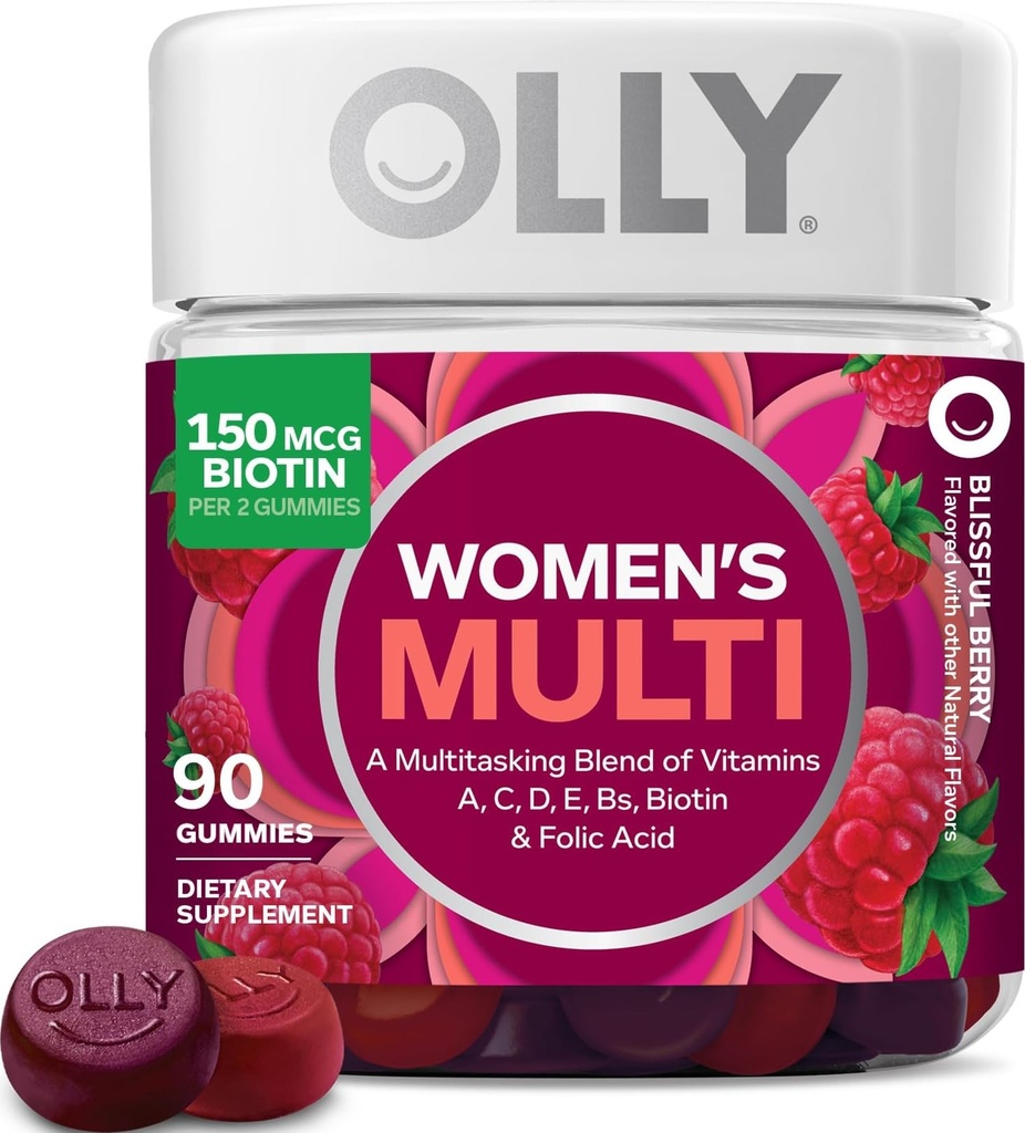 OLLY Women's Multivitamin Gummy, 비타민 A, D, C, E, Biotin, Folic 산, 성인 킬레이트 비타민, 베리 맛, 45 일 공급 - 90 조사