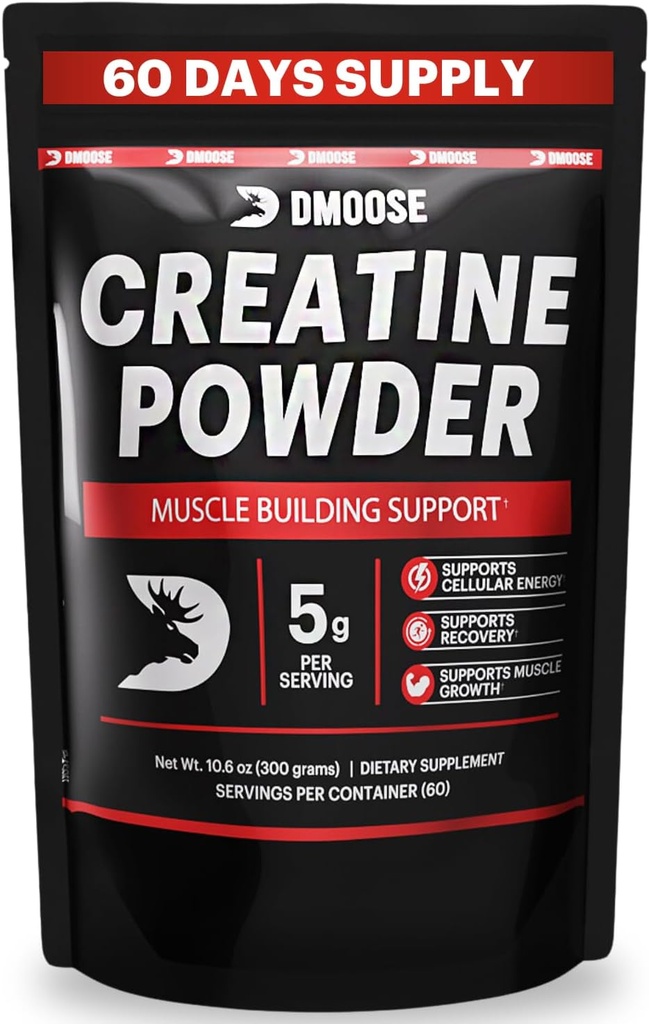 DMoose Creatine Monohydrate 분말 - 근육 이익 & 회복 보충교재를 위한 크레아틴 분말 - 봉사 (5g) 당 300g 2개의 Scoops - 60의 서빙