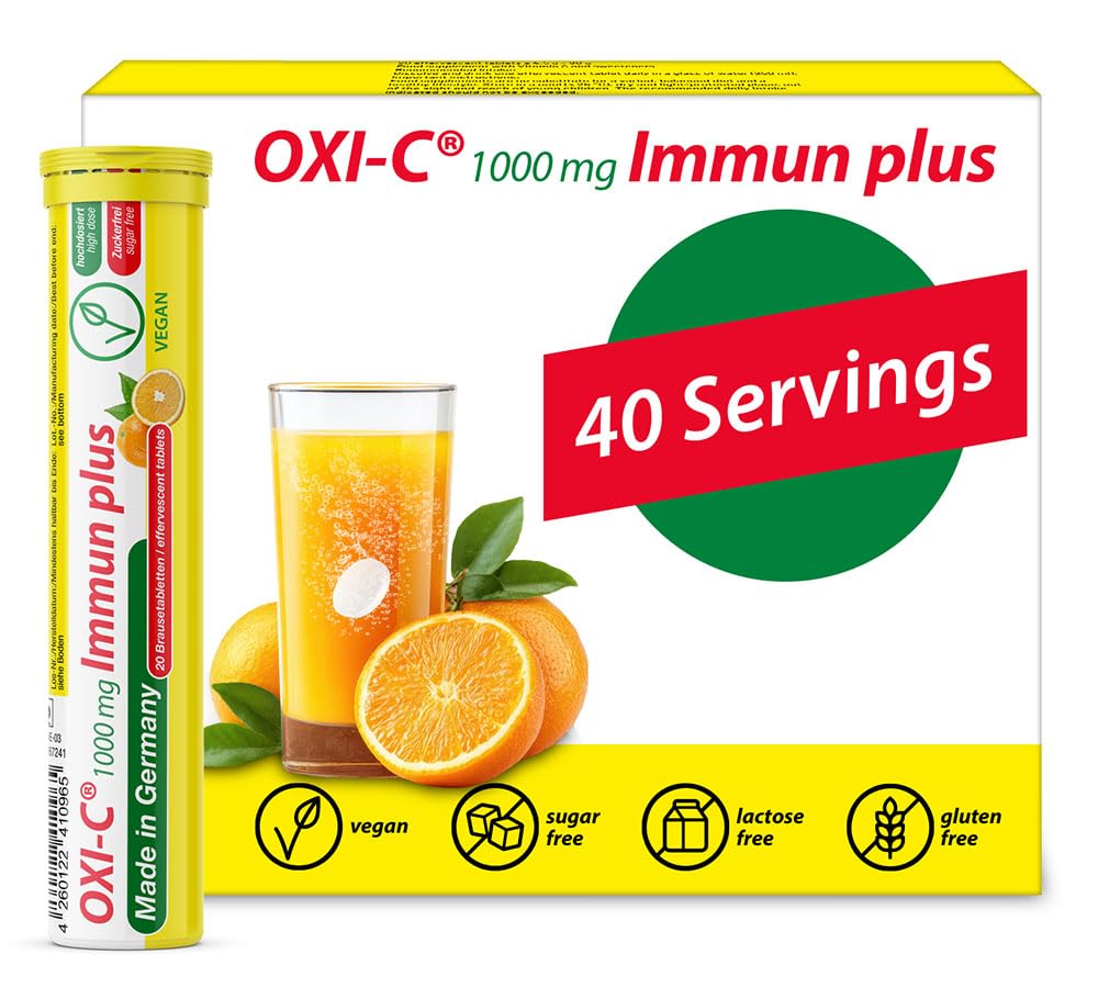 T & D Oxi C 1000 mg 비타민 C - 40 Vegan 음료 Effervescent 정제 - 오렌지 맛 - 독일에서 만든