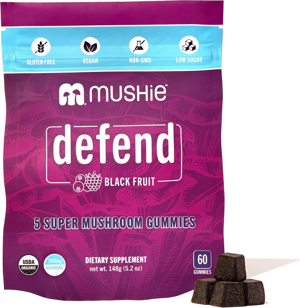 Mushie 100 % 유기 5 슈퍼 버섯 복합 Gummies - 2000mg Reishi, 터키 꼬리, Maitake, Chaga & Shiitake Blend - 비타민 D와 Gut Health & Immune 지원 - 글루텐 프리 - 60 개