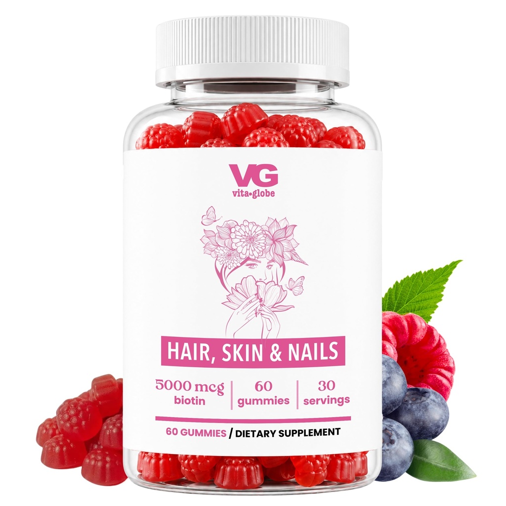 비타민 A, C, D, E, B6 및 Biotin을 가진 VITA GLOBE 머리, 피부 & 못 + 교원질 Gummies – 20mg | 건강한 머리 성장, 레이디언트 피부 & 강한 못을 위한 아름다움 & 웰니스 보충교재 – 60의 조사 (팩 1)