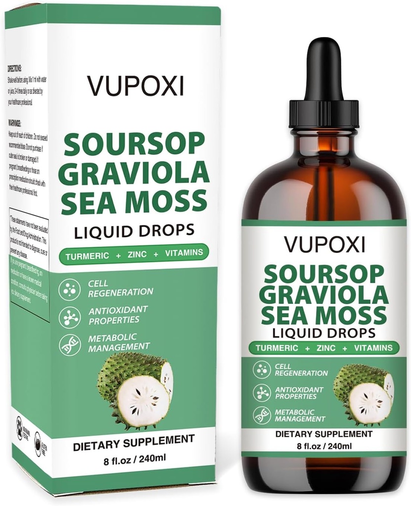 Soursop Multivitamin 액체 드롭 셀 지원 및 재생, 면역 부스트, 식 섬유 및 수면, 유기 Soursop 추출-Sugar 무료, 비 GMO, 100 % 비건, 글루텐-Free-8 Fl Oz/240 ML
