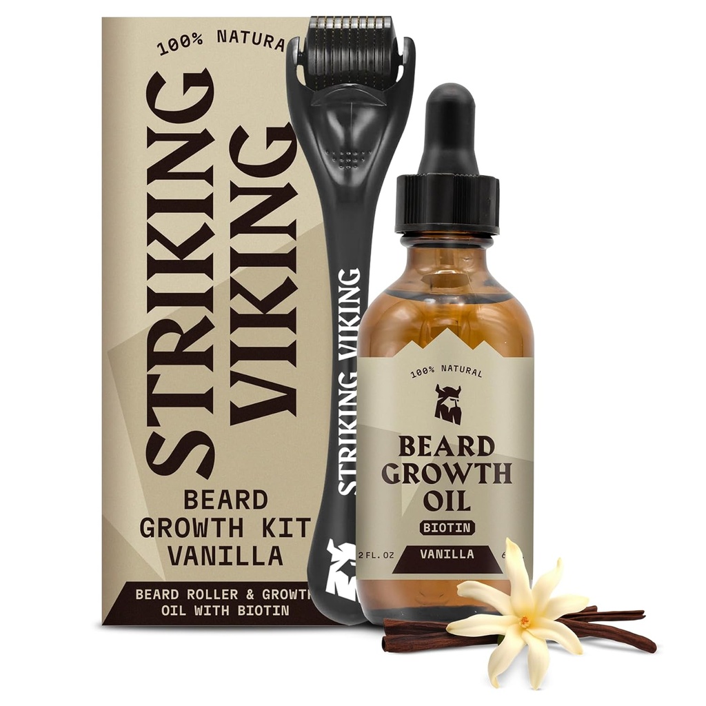 Striking Viking Beard Growth Oil - 2 fl oz, 1, Vanilla - Jojoba & Argan Extract와 두꺼운 Beard Oil - 페이셜 헤어 성장 및 목표 패치 지역 촉진 - Biotin Fortified