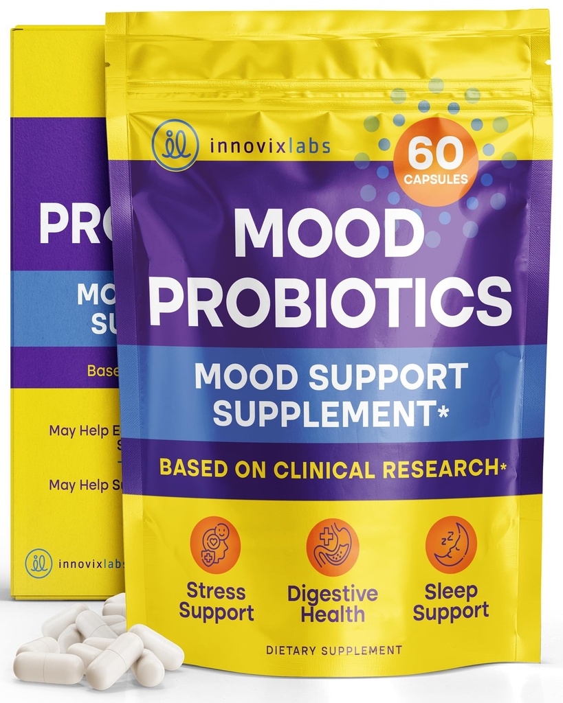 InnovixLabs Mood Probiotic for Women & Men, 임상적으로 장식 된 소화 및 계류 지원 보충교재, Lactobacillus helveticus Rosell-52ND & Bifidobacterium Longum Rosell-175, 60 캡슐