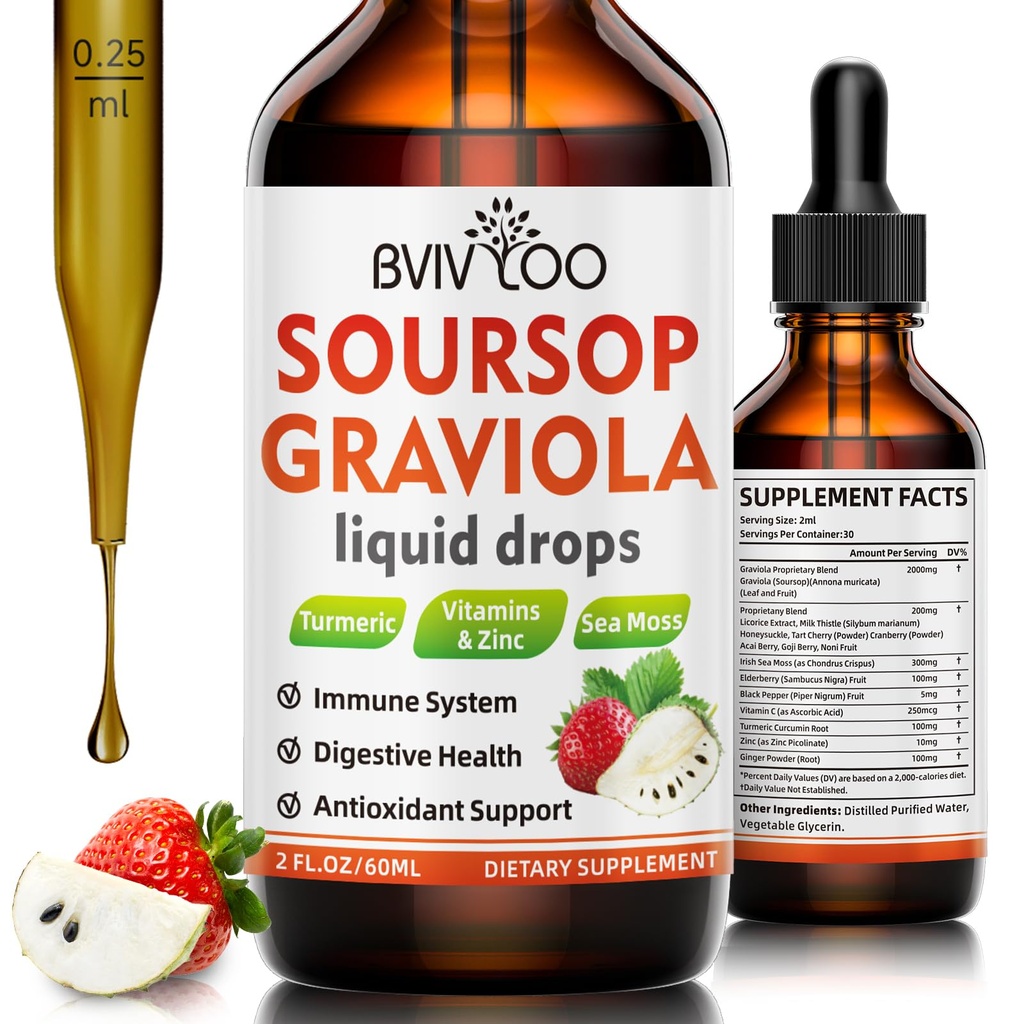 Soursop Graviola 액체 드롭 셀 지원 및 재생, 면역 부스트, 휴식, 라이브 및 수면, Soursop Bitters 액체, 설탕 / 글루텐 무료, 천연 딸기 맛 - 2 Fl Oz (60ml) 병