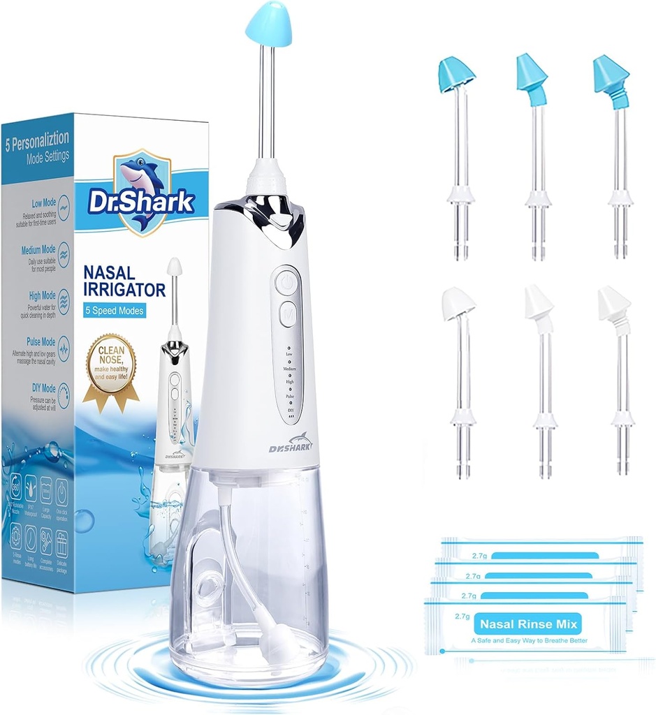 DR.SHARK Cordless Nasal 관개 체계, Sinus, Nose 세탁기술자, Sinus 세탁기술자 기계를 위한 전기 그물세공 남비, 5개의 형태 Nasal Rinse 기계
