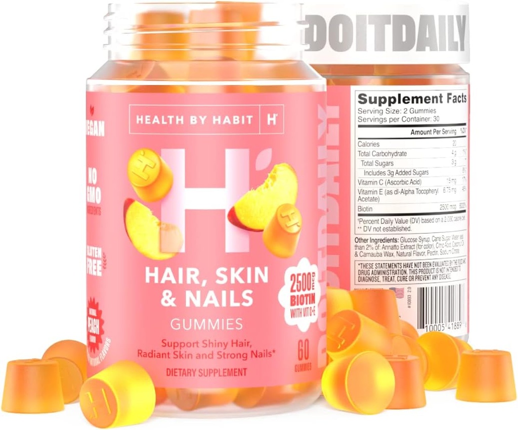 꿀벌 머리, 피부 및 못 보충교재 (60의 Gummies)에 의하여 건강 - 2500mcg Biotin, 비타민 C, 비타민 E, 강한 못, 복숭아 풍미, 채식주의자, 글루텐 자유로운, 비 GMO