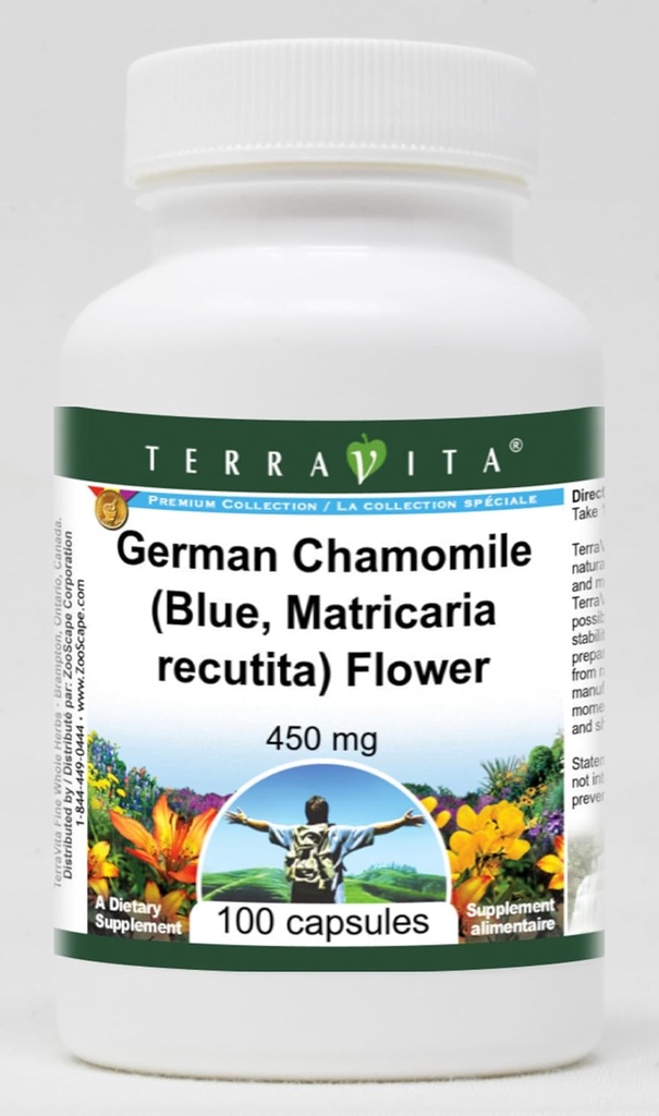 독일 Chamomile (파란, Matricaria recutita) 꽃 - 450 mg (100 캡슐, ZIN : 516213) - 3 팩
