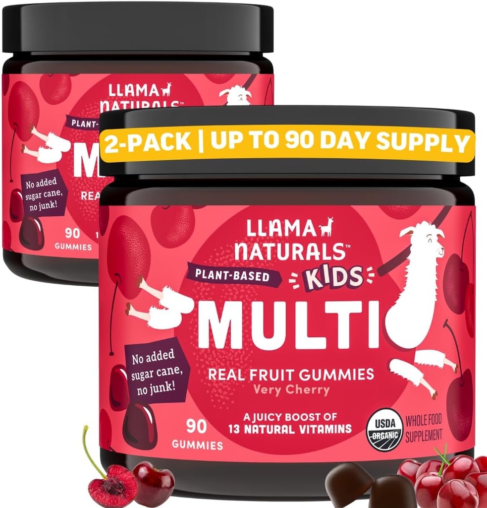 Llama Naturals Kids Multivitamin Gummies, Vegan, 비타민 D, C & K, 유아 Real Fruit Gummy Vitamins, Chewable Supplement, 전체 식품 멀티 비타민, 추가 설탕 지팡이, 체리, 2 Pk