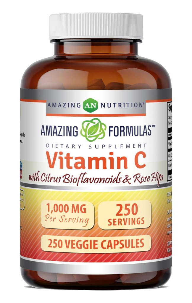 Rose HIPS & Citrus Bioflavonoids를 가진 놀라운 공식 비타민 C | 서빙 보충교재 당 1000 Mg | 250 Veggie 캡슐 | Non-GMO | 글루텐 프리 | 미국제