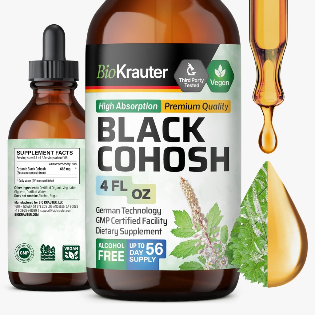 BIO KRAUTER Black Cohosh Tincture - Vegan Black Cohosh 보충제 여성 지원 - 알코올 및 설탕 무료 - 4 Fl.Oz.