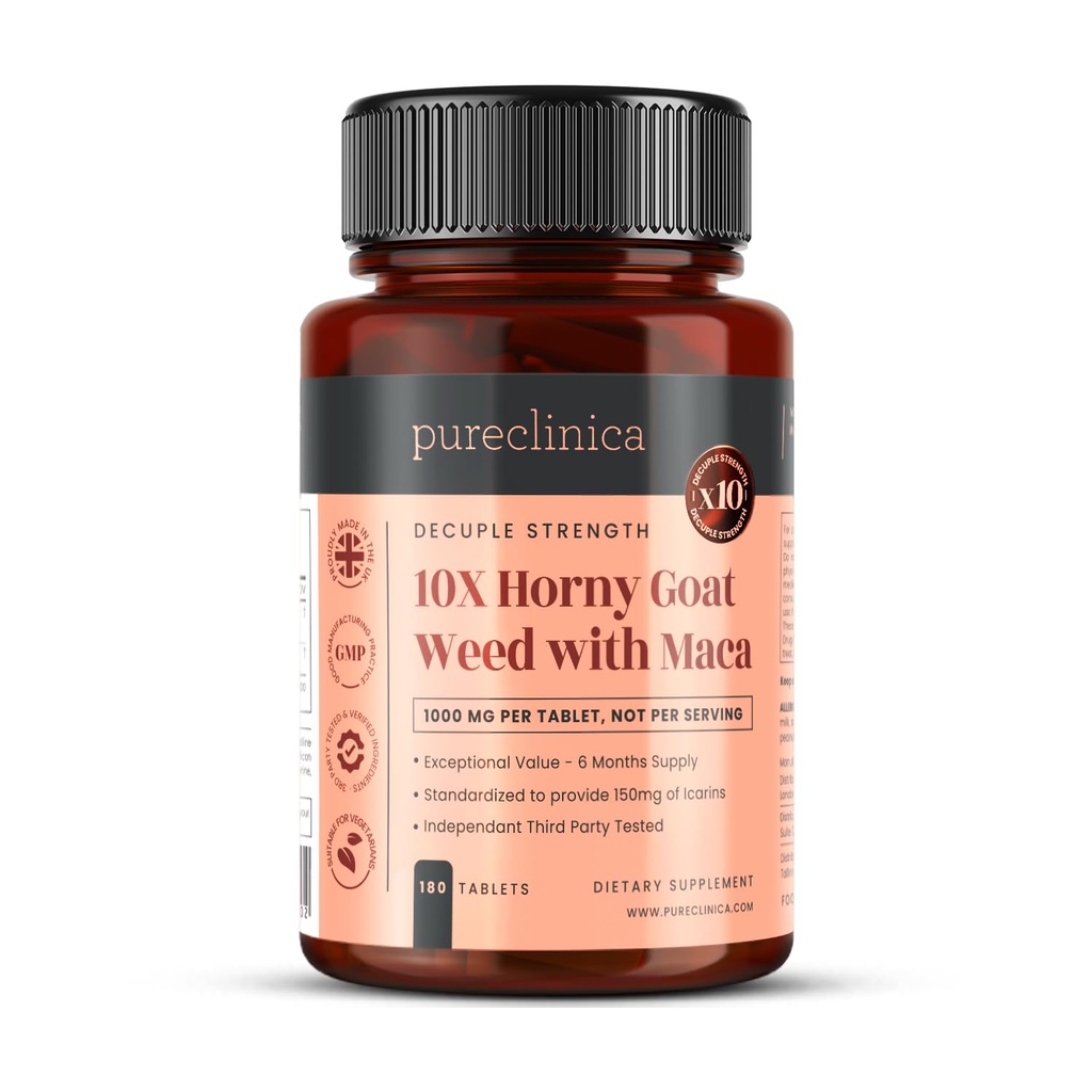 Pureclinica 10X Horny Goat Weed & Maca Extract 6250mg x 180 Tablets (6 개월 공급) -10 X More Icariins - 300% 증가 흡수를위한 w / 5mg 검은 후추 추출물