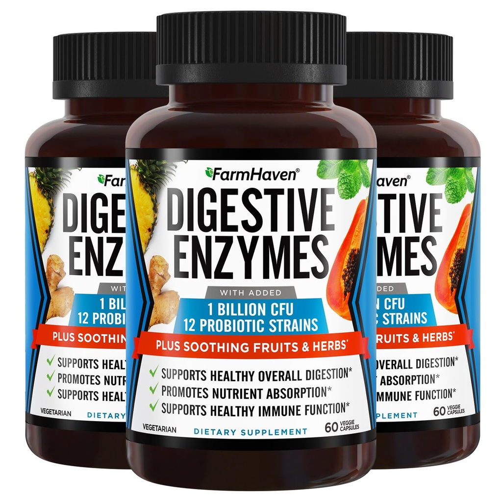 FarmHaven Digestive Enzymes with 18 Probiotics & Herb | Papaya, Bromelain, Protease & Lactose Absorption & Better Digestion| 블로팅, 가스, 변비에 도움이 됩니다 | 채식, 180 캡슐