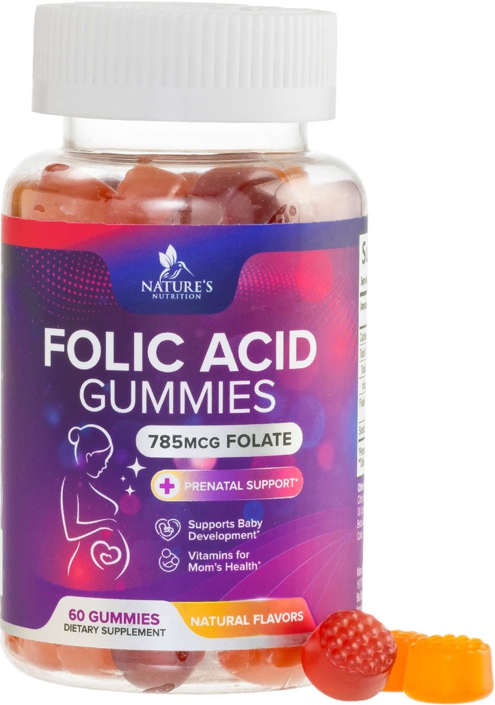 여성 785 mcg, 엄마 & 아기를 위한 필수 Prenatal 비타민, Vegan Folic 보충교재 거미, 매일 비타민 B9 여분 힘 Folate를 위한 Folic 산 Gummies, 임신 후에 - 60 Gummies