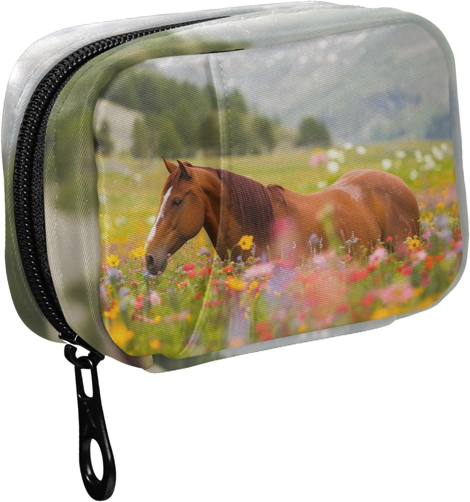 Fustylead Long Mane Horse in 다채로운 꽃 필드 알약 주최자 케이스 지퍼 2 시간 비타민과 보충, 7 일 여행 주최자 약 케이스