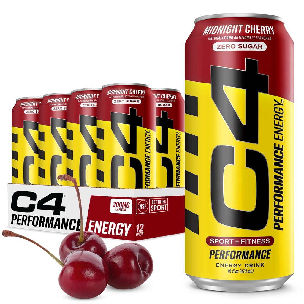C4 Energy Carbonated Zero Sugar Energy 음료, 사전 운동 음료 + Beta Alanine, Midnight Cherry, 16 Fl Oz (12 팩)
