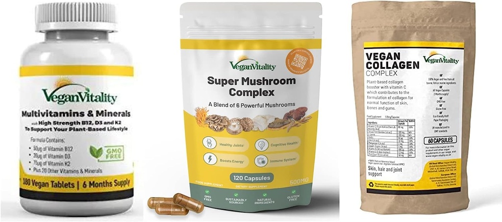 Vegan Vitality Booster 보충제 번들 - Vegan multivitamins, Collagen 및 Super Mushroom Complex. Vegans 및 Vegetarians에 대한 전반적인 건강에 대한 고강도 플랜트 기반 공식