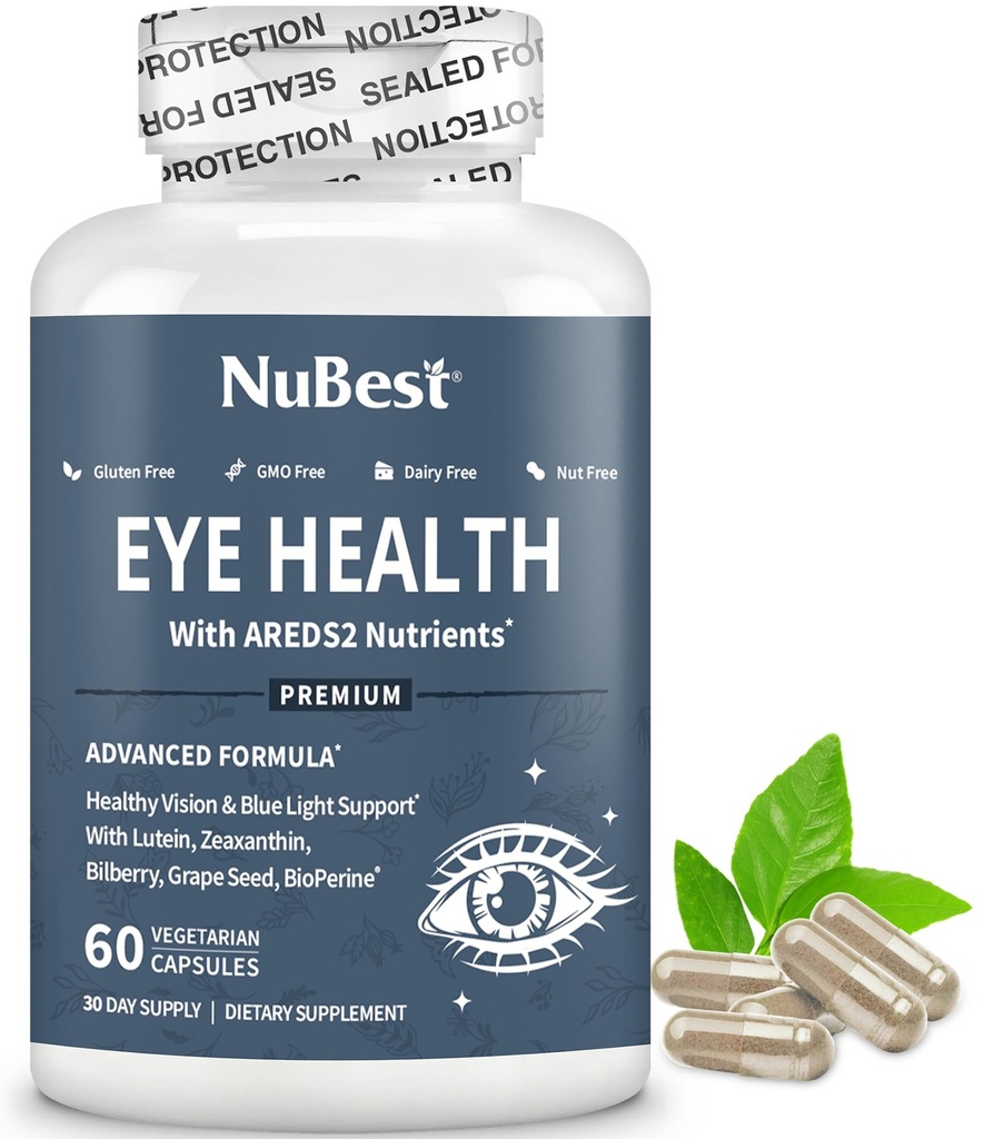 NuBest는 베타 카로틴 당근 분말, 20mg Lutein, 4mg Zeaxanthin, Bilberry, 포도씨, BioPerine, B-Complex, 눈 건강을 위한 Multivitamin를 가진 2개의 눈 비타민입니다 | 1 달 공급
