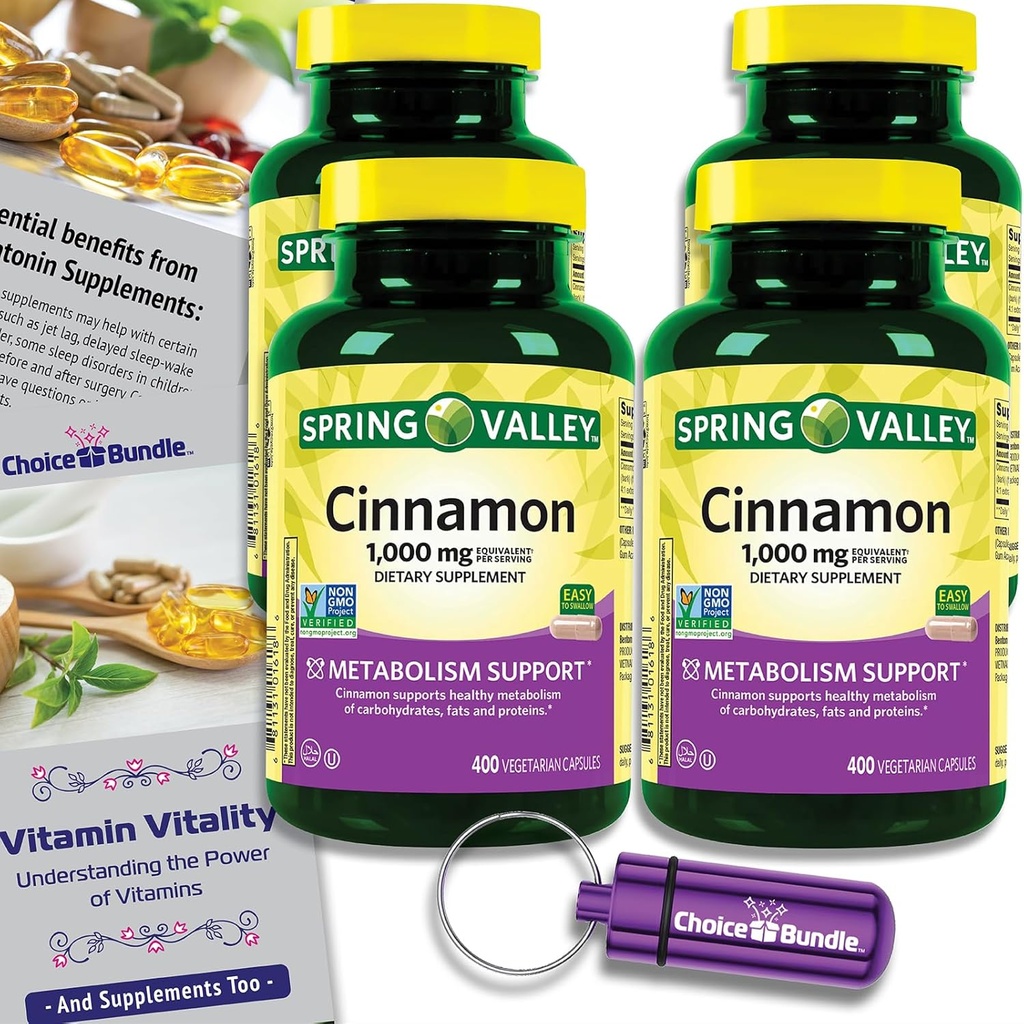 Choice Bundle Spring Valley Cinnamon Dietary 보충교재 1000mg 400 ct 채식 캡슐 4 pk (1600 총) + "비타민 활력"가이드 및 알약 용기 (6 항목)!