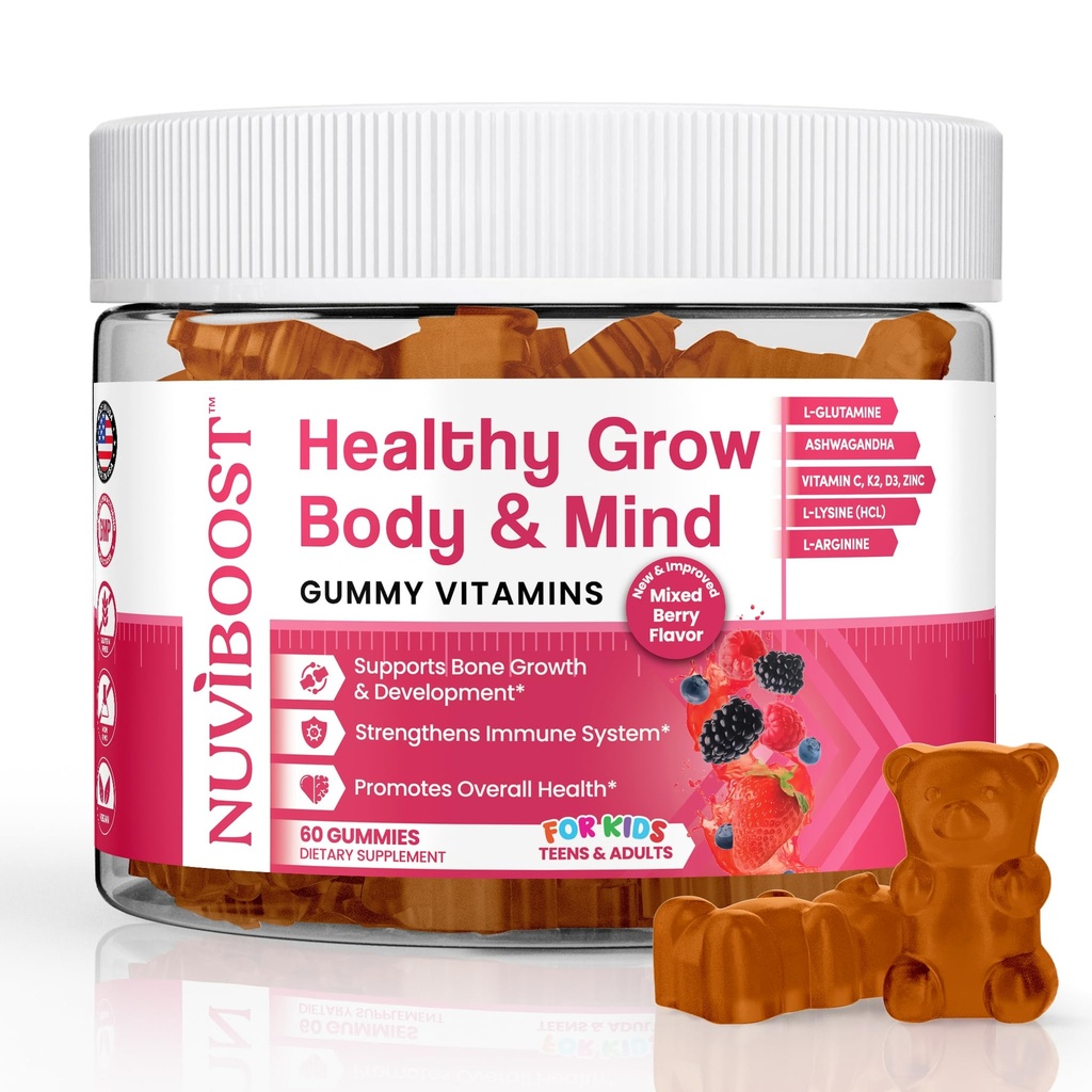 건강은 칼슘, 비타민 C, D3, K2, L-Arginine, Ashwagandha 및 기타, Boost Bone Health & Immunity, Multivitamin, Kids 5 +, Teens 및 성인에서 고도 성장 Gummies를 풍부하게 성장합니다.